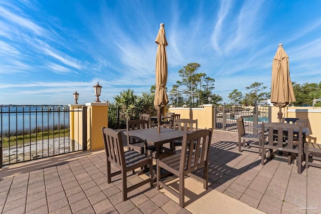 view of patio / terrace featuring a water view