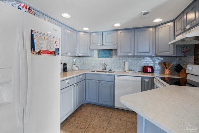 24230 Perdido Beach Blvd Unit 3087, Orange Beach, AL 36561 - kitchen with white appliances, sink, decorative backsplash, gray cabinets, and light tile patterned floors