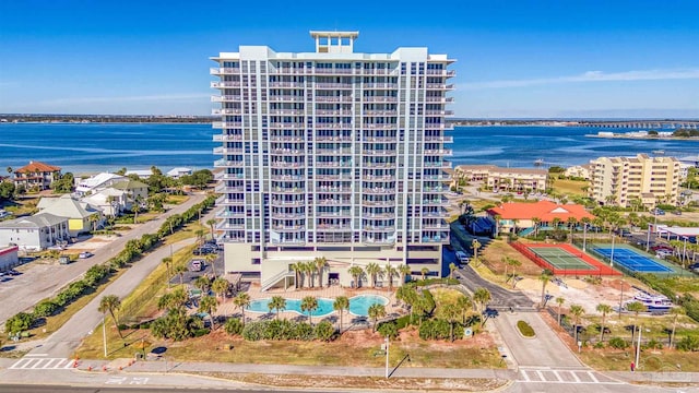 drone / aerial view featuring a water view