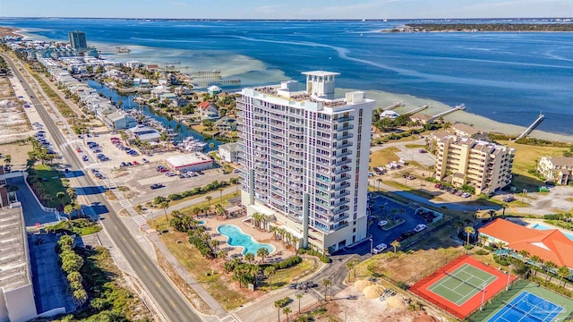 bird's eye view with a water view