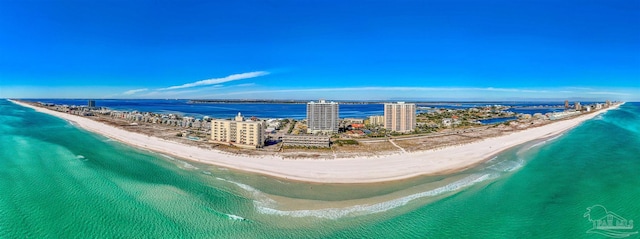 drone / aerial view with a water view and a view of the beach