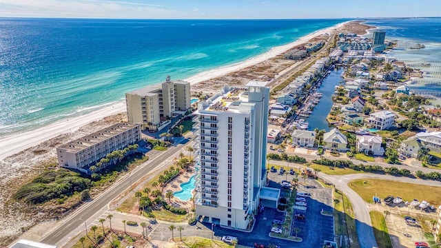 bird's eye view with a view of the beach and a water view