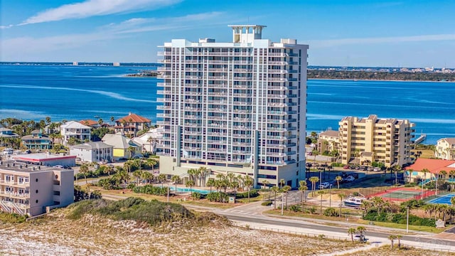 aerial view featuring a water view