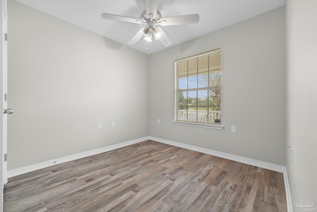 spare room featuring wood-type flooring and ceiling fan