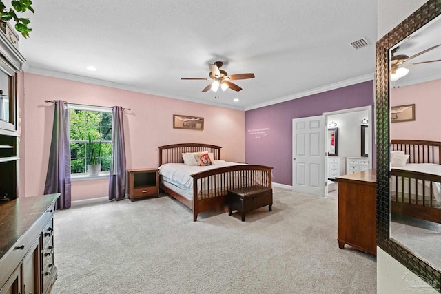 6781 Generals Ln, Pace, FL 32571 - bedroom featuring light colored carpet, ornamental molding, ceiling fan, and recessed lighting