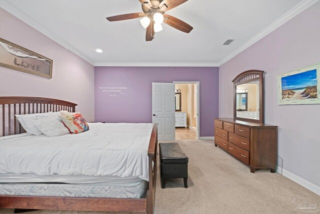 6781 Generals Ln, Pace, FL 32571 - bedroom with ornamental molding, light colored carpet, ensuite bathroom, and ceiling fan
