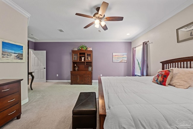 6781 Generals Ln, Pace, FL 32571 - bedroom with light carpet, ornamental molding, and a ceiling fan