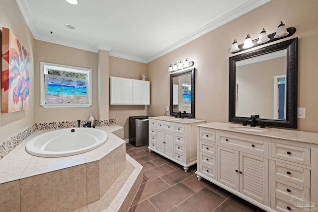 6781 Generals Ln, Pace, FL 32571 - full bath featuring crown molding, two vanities, a bath, and tile patterned floors