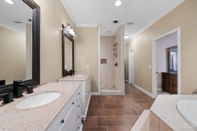 6781 Generals Ln, Pace, FL 32571 - bathroom with a shower stall, a bath, two vanities, ornamental molding, and tile patterned flooring