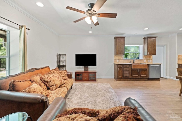 6781 Generals Ln, Pace, FL 32571 - living room with a ceiling fan, light wood finished floors, crown molding, and recessed lighting