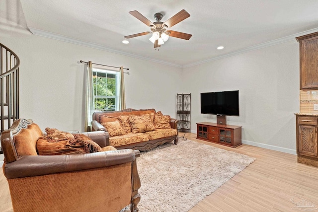 6781 Generals Ln, Pace, FL 32571 - living area featuring a ceiling fan, light wood-type flooring, crown molding, and recessed lighting