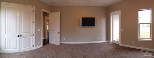 unfurnished bedroom featuring carpet floors, a closet, and multiple windows