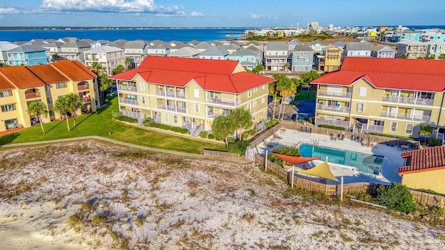 aerial view featuring a water view