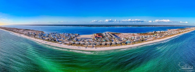 bird's eye view featuring a water view and a beach view