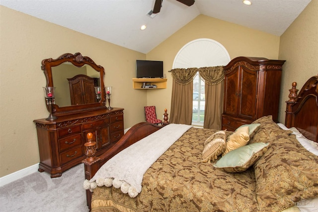 bedroom featuring lofted ceiling, ceiling fan, recessed lighting, light colored carpet, and baseboards