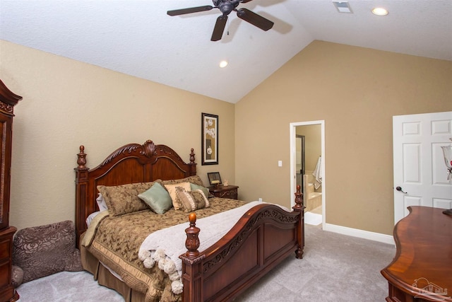 bedroom with ceiling fan, recessed lighting, light carpet, visible vents, and baseboards