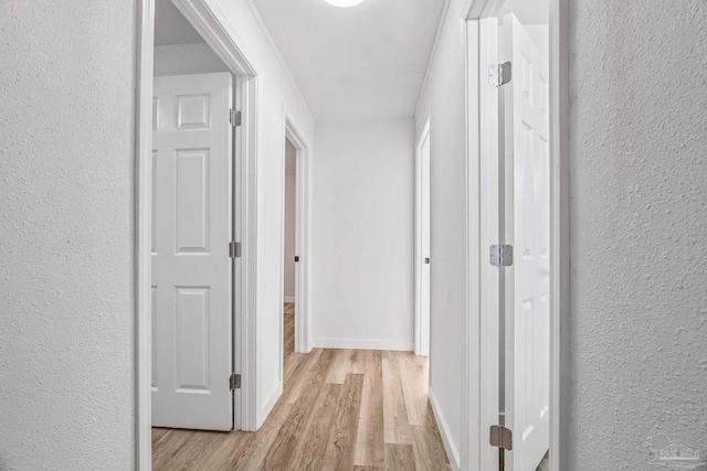 corridor featuring ornamental molding and light hardwood / wood-style flooring