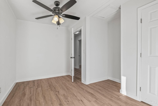 unfurnished bedroom with ceiling fan and light hardwood / wood-style flooring