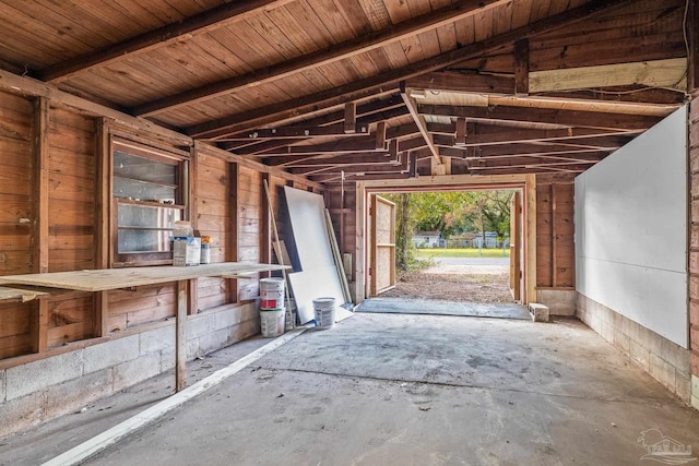 miscellaneous room featuring lofted ceiling with beams, wooden ceiling, and wood walls