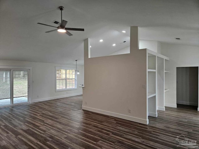 unfurnished living room featuring ceiling fan, dark hardwood / wood-style flooring, and lofted ceiling