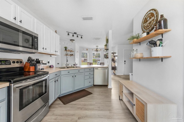 6439 Dallas Ave, Pensacola, FL 32526 - kitchen with open shelves, a sink, appliances with stainless steel finishes, and a peninsula