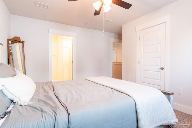 carpeted bedroom featuring ceiling fan