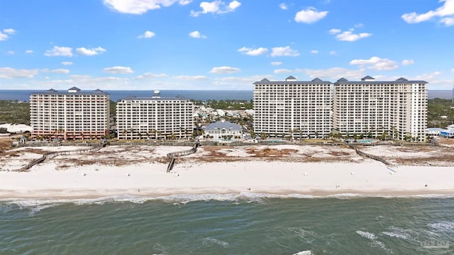 drone / aerial view featuring a water view and a view of the beach