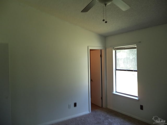 carpeted empty room with ceiling fan, plenty of natural light, and a textured ceiling