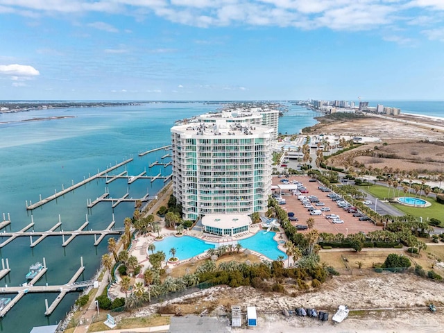 drone / aerial view with a water view