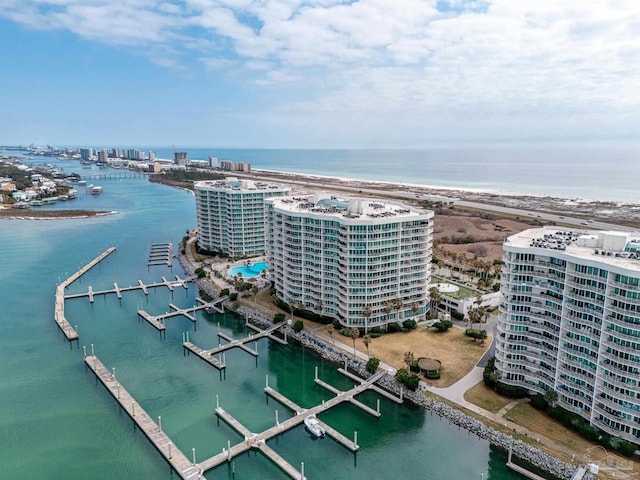 bird's eye view featuring a water view and a view of city