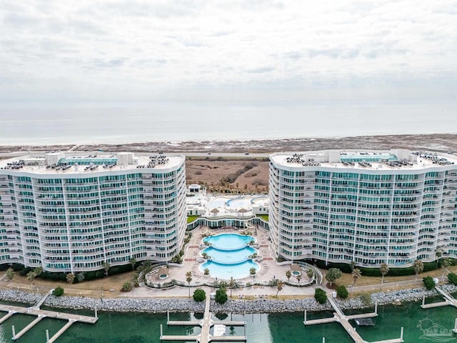 aerial view with a view of city and a water view