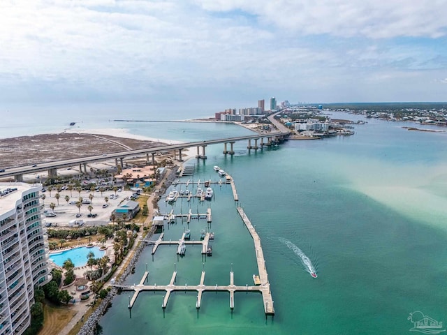 bird's eye view with a water view