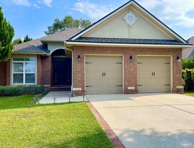 view of front facade with a front yard and a garage