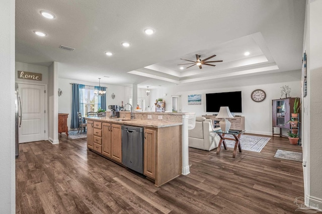kitchen featuring a raised ceiling, appliances with stainless steel finishes, a sink, open floor plan, and dark wood-style floors