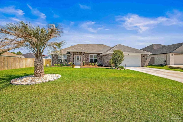 view of front of home with concrete driveway, fence, a garage, and a front lawn