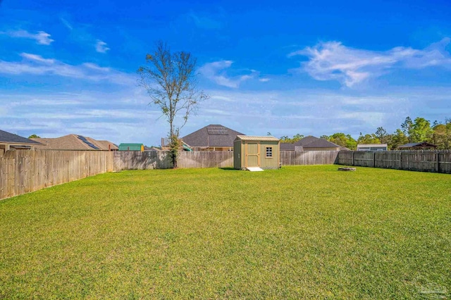 view of yard featuring a storage shed, an outbuilding, and a fenced backyard
