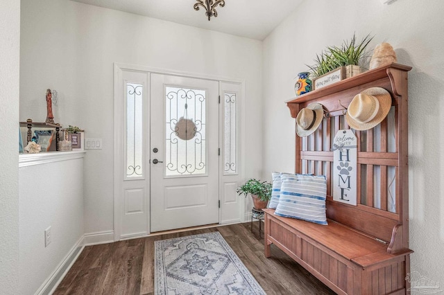 entryway featuring baseboards and wood finished floors