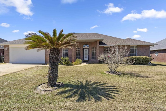 ranch-style home featuring driveway, an attached garage, a front lawn, and brick siding