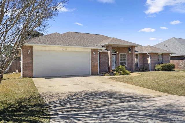 single story home with an attached garage, brick siding, a shingled roof, driveway, and a front lawn