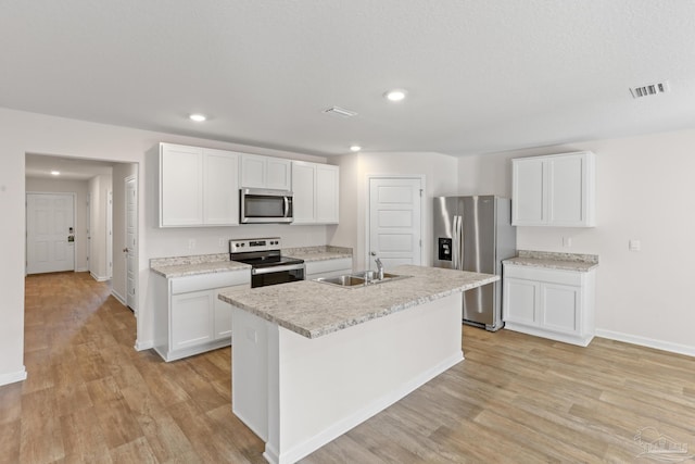 kitchen featuring stainless steel appliances, light countertops, a sink, and visible vents