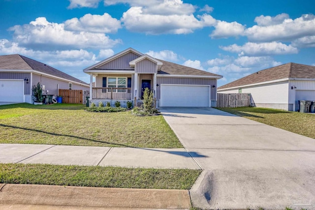 single story home featuring driveway, a garage, covered porch, fence, and a front yard