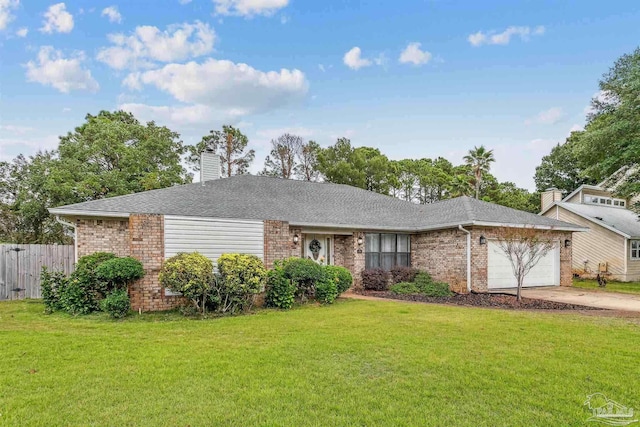 ranch-style house with a front yard and a garage