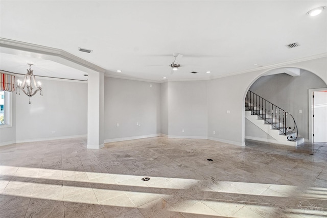 empty room featuring ornamental molding and ceiling fan with notable chandelier