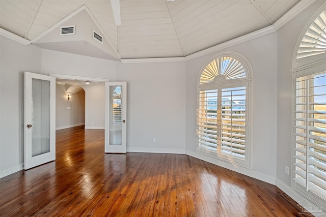 unfurnished room featuring crown molding, high vaulted ceiling, dark hardwood / wood-style flooring, and french doors