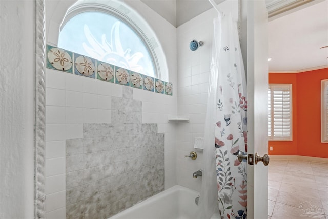 bathroom featuring tile patterned flooring, shower / bath combo, and crown molding