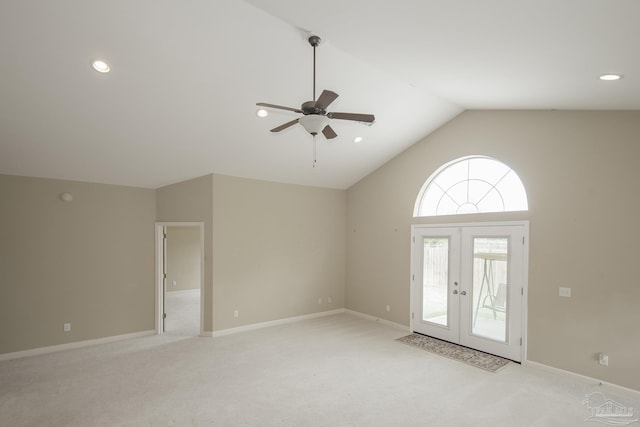 3200 Silverleaf Dr, Pensacola, FL 32504 - entrance foyer featuring a ceiling fan, french doors, vaulted ceiling, light carpet, and baseboards