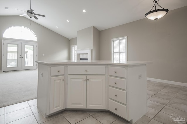3200 Silverleaf Dr, Pensacola, FL 32504 - kitchen featuring ceiling fan, light tile patterned floors, white cabinets, recessed lighting, and open floor plan