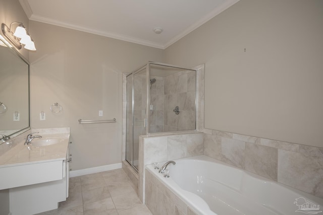 3200 Silverleaf Dr, Pensacola, FL 32504 - full bath featuring a bath, a shower stall, double vanity, ornamental molding, and baseboards