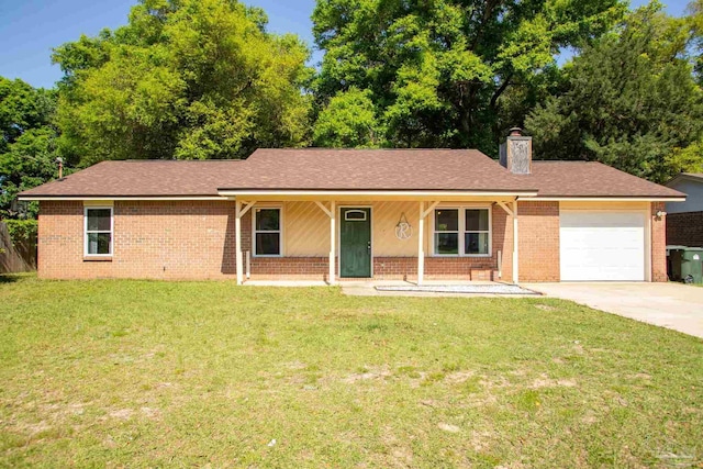ranch-style home featuring an attached garage, driveway, a front lawn, and brick siding