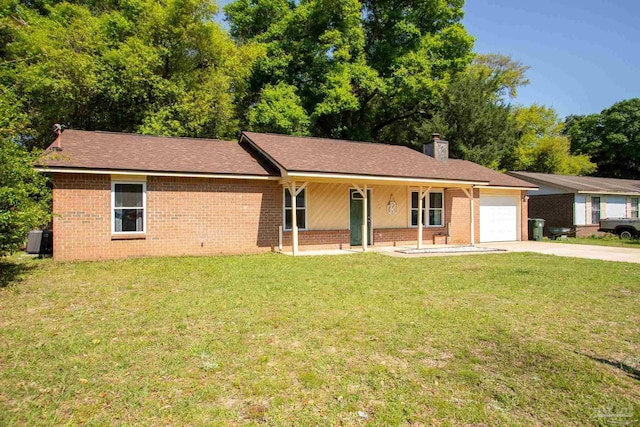 6548 Bellview Pines Pl, Pensacola, FL 32526 - ranch-style home with driveway, an attached garage, brick siding, a chimney, and a front yard